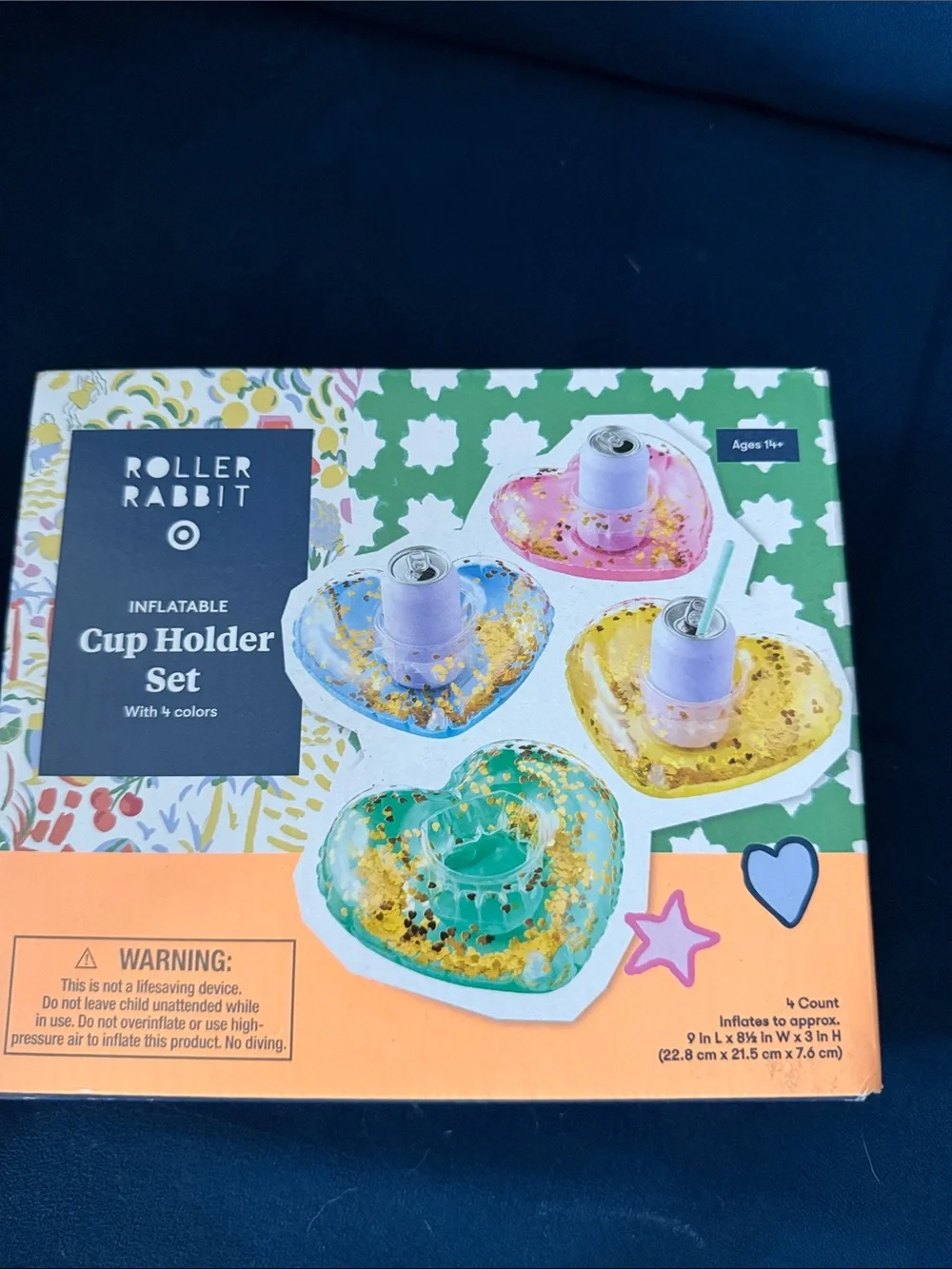 Roller Rabbit Heart Inflatable Cup Holder Set - Blue Pink Yellow Green
